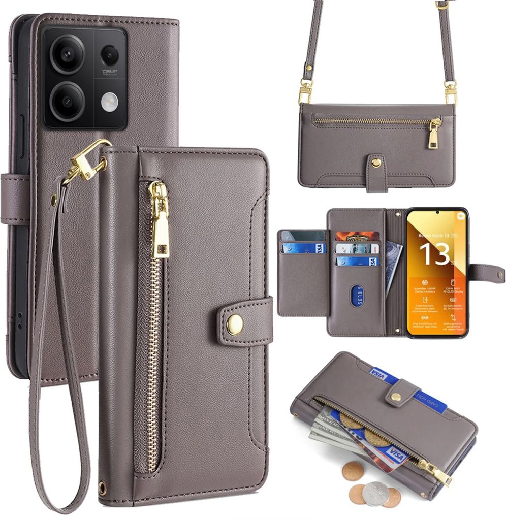 Handykette Xiaomi Hülle mit Band Handyhülle Kartenfächer Kunstleder Umhängetasche Redmi Note 13 5G Grau