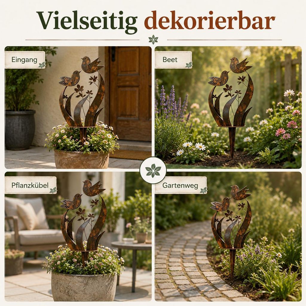 Gartenstecker Metall mit Vogel & Wildblumen, wetterfest