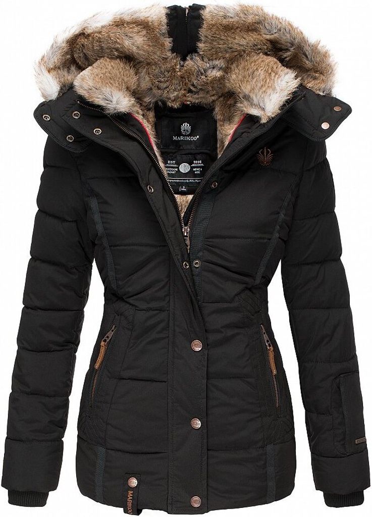 Marikoo Damen Winterjacke Steppjacke Kurz Parka Jacke Kapuze gefüttert NEKOO Schwarz Gr: 38 - M