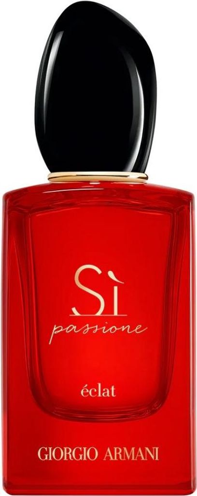 A studio shot of a red Giorgio Armani perfume bottle with a black cap.