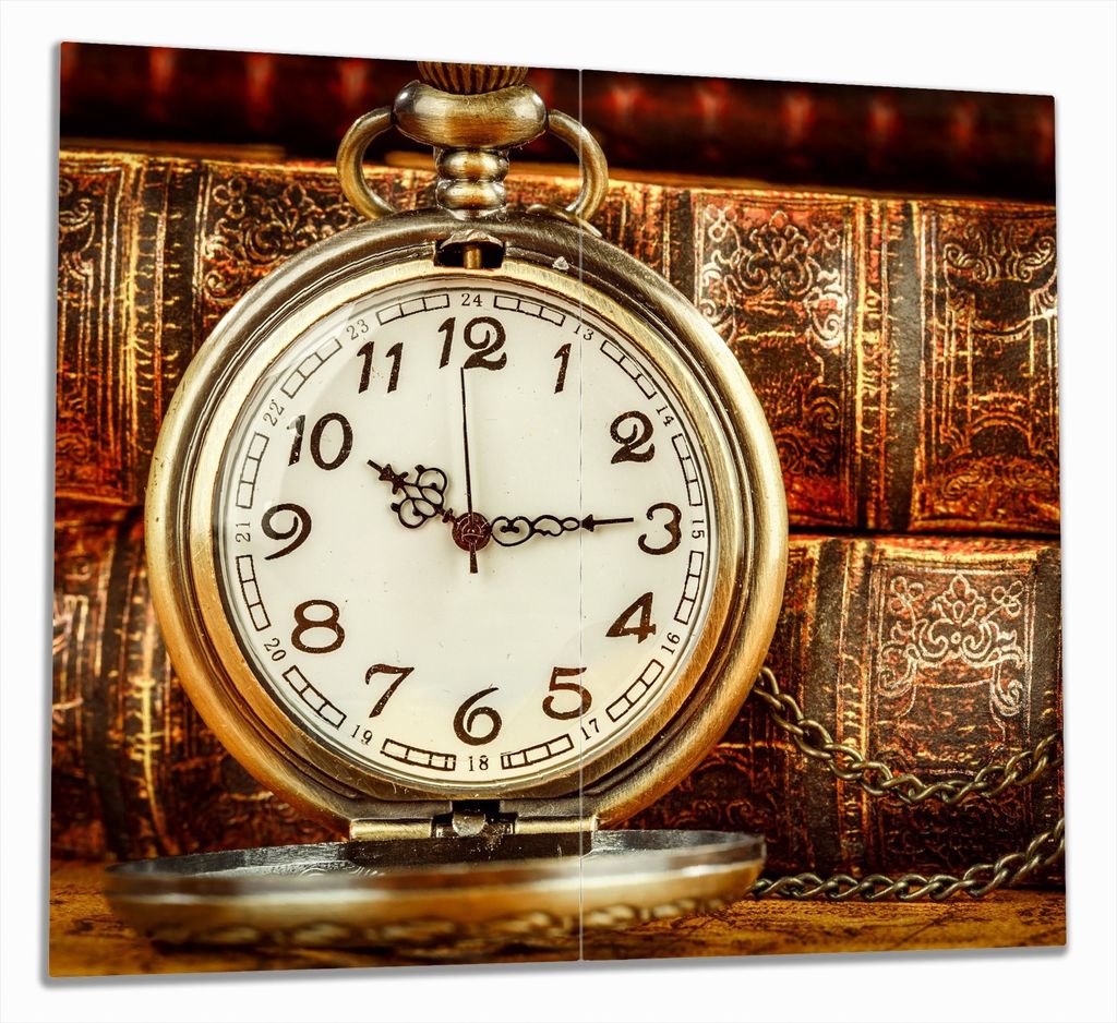Wallario Herdabdeckplatte aus Glas, Größe 60 x 52 cm 2-teilig, Motiv Alte Taschenuhr vor antiken Büchern