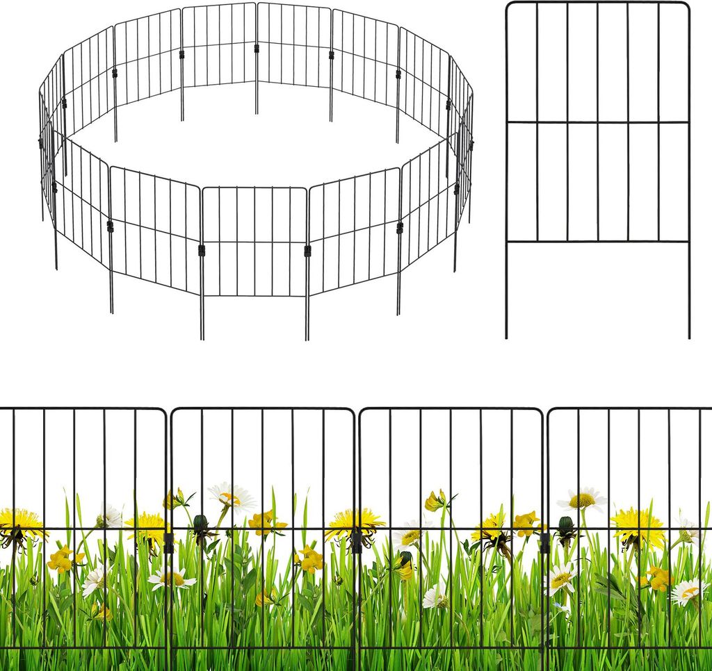 A black metal garden fence is shown in a circular arrangement and as individual panels, with a separate image showing the fence in a grassy area with flowers.