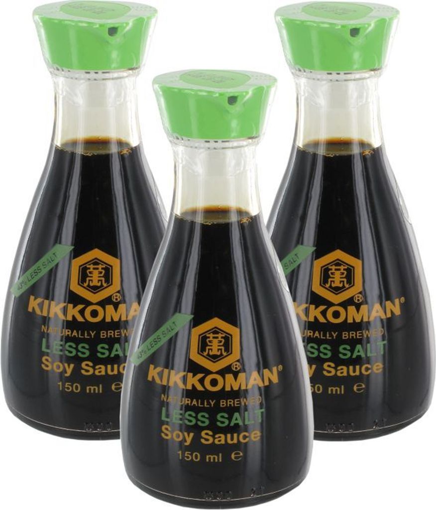 3-Pack KIKKOMAN Salzreduzierte Sojasauce (3x 150ml) | Tischflasche mit Ausgießer
