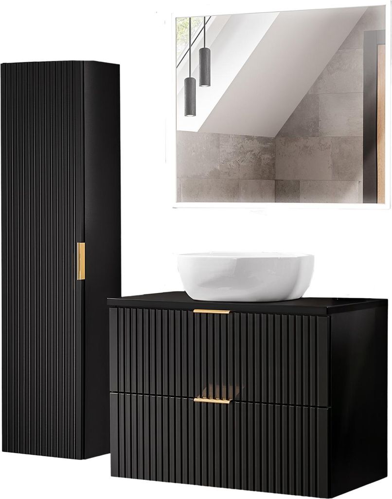 Modernes Badezimmer-Set 80 Cm Mit Aufsatzwaschbecken Und Led-Spiegel