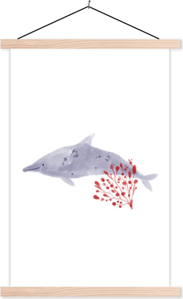 MuchoWow Textilposter Fische - Pflanzen - Rot - Aquarell 60x90 cm mit holzfarbenen Rahmen - Textil