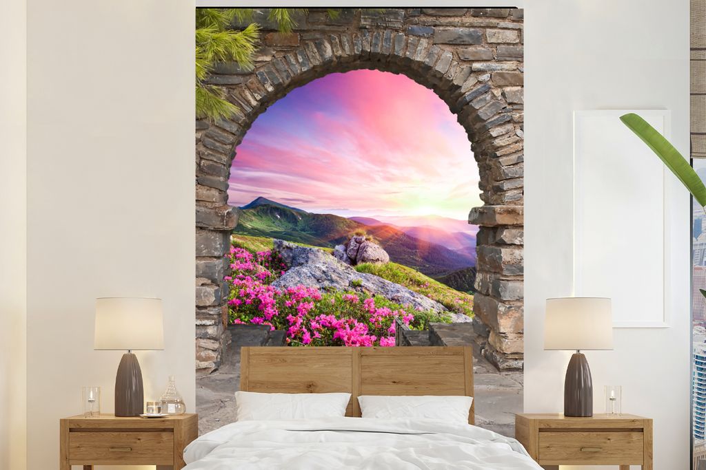 MuchoWow Fototapete für Wohnzimmer oder Schlafzimmer Wandtapete Vinyl Motivtapete Landschaft - Aussicht - Blumen - Berg - 155x240 cm - Tapete