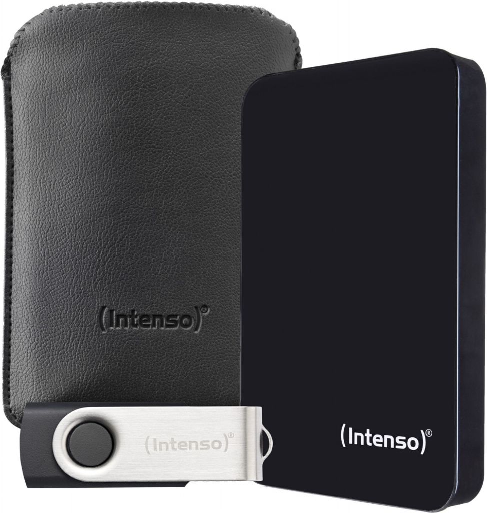 A black external hard drive and a silver USB flash drive are displayed next to a black protective sleeve.
