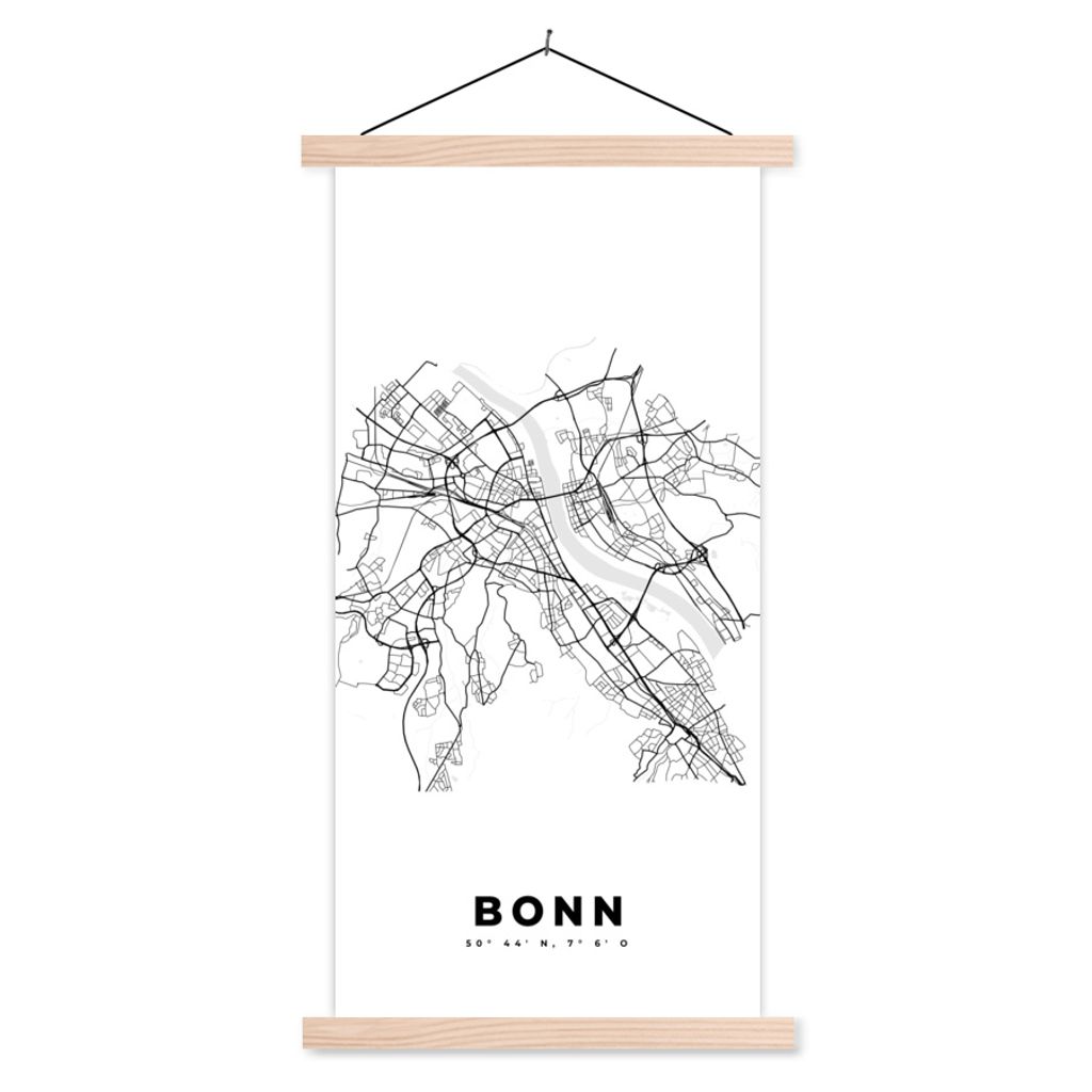 MuchoWow Textilposter Karte - Bonn - Schwarz-Weiß - Stadtplan 60x120 cm mit holzfarbenen Rahmen - Holz