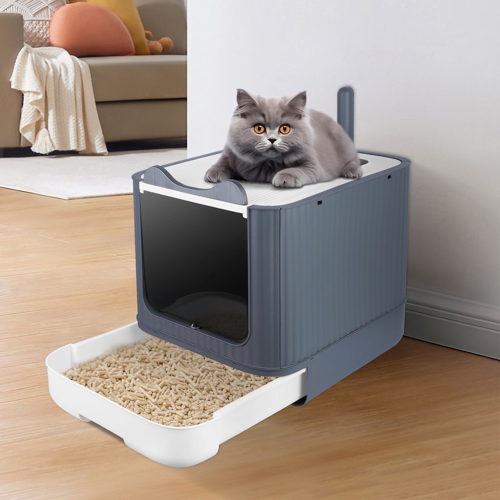 Katzenklo mit Katzenklomatte und Schaufel, XXL Katzentoilette Für Katzen bis 15kg,Katzenklo mit ausziehbares Tablett,Katzenklo Geschlossen 45x37x35cm