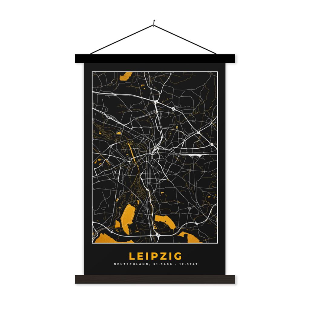 MuchoWow Textilposter Leipzig - Gold - Stadtplan - Deutschland - Karte 120x180 cm mit schwarzem Rahmen - Fotos