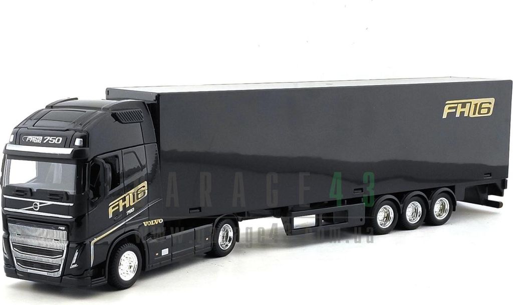 A black Volvo FH16 semi-truck with a trailer, shown from a side-front angle against a white background.