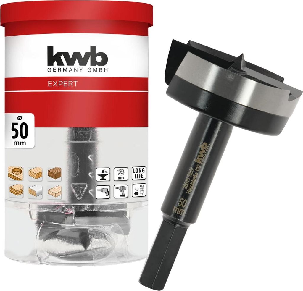 kwb Forstnerbohrer, Ø 50 mm, Topfbohrer (für Holz, geschmiedeter Bohrkopf, Spezialanschliff, schnelle, ausrissfreie Bohrlöcher, 4-seitig geschli...