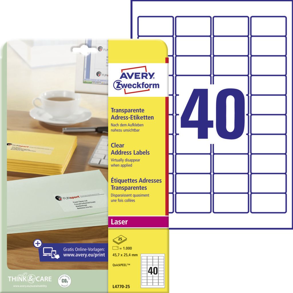 Avery Zweckform L4770-25 Adress-Etiketten, A4, 45,7 x 25,4 mm, 25 Bogen/1.000 Etiketten, transparent