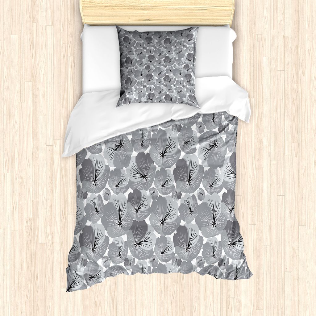 ABAKUHAUS Blumen Bettbezug Set für Einzelbetten, Vintage graue Mohnblumen-Blumen, Milbensicher Allergiker geeignet mit Kissenbezug, 135 cm x 200 c...