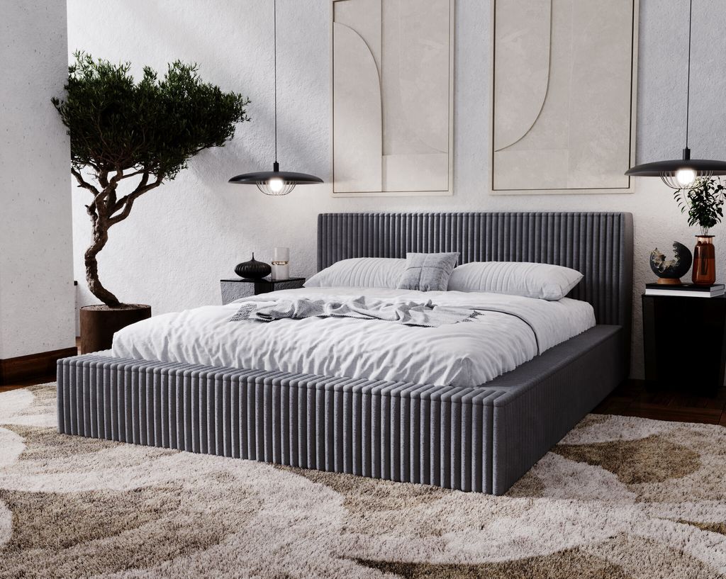 Doppelbett 140x200 Buffy - Bett mit Dicker Schaum, Bettkasten - Design Polsterbett Dunkelgrau