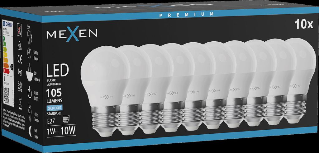 Mexen Nova 10x LED-Glühbirne E27, G45, 1W, Kaltweiß - 6500K, 105 lm - L101-E27-0165-01x10