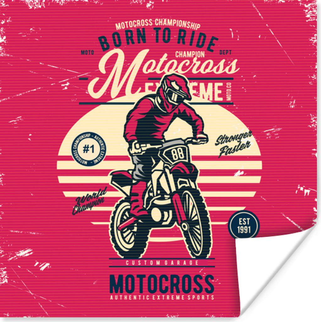 MuchoWow Poster Motocross - Mann - Zeichnung - Retro 100x100 cm - Babyzimmer