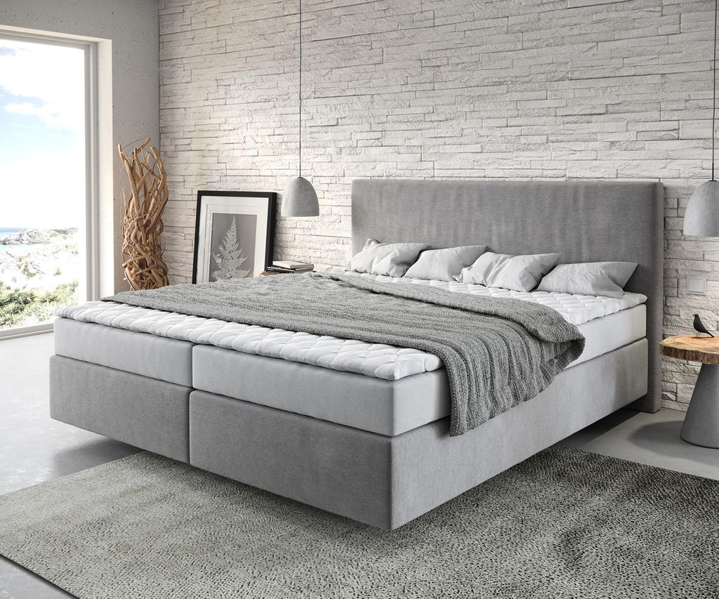 DELIFE Boxspringbett Dream-Well 180x200 cm Mikrofaser Grau mit Matratze und Topper