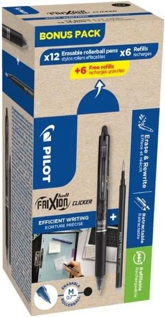 Pilot Frixion Ball Clicker - Pack de 12 stylos et 12 recharges bleu 0,7 mm