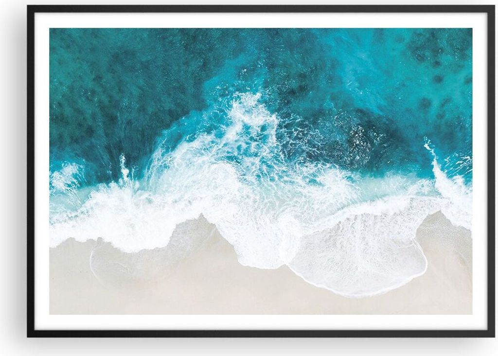Gerahmtes Poster - Schwarzer Rahmen - Luftaufnahmen Strand Welle - 100x70 cm - Wand Bild - Wanddeko - Wandbilder - Kunstposter - Wandposter - Bilde...
