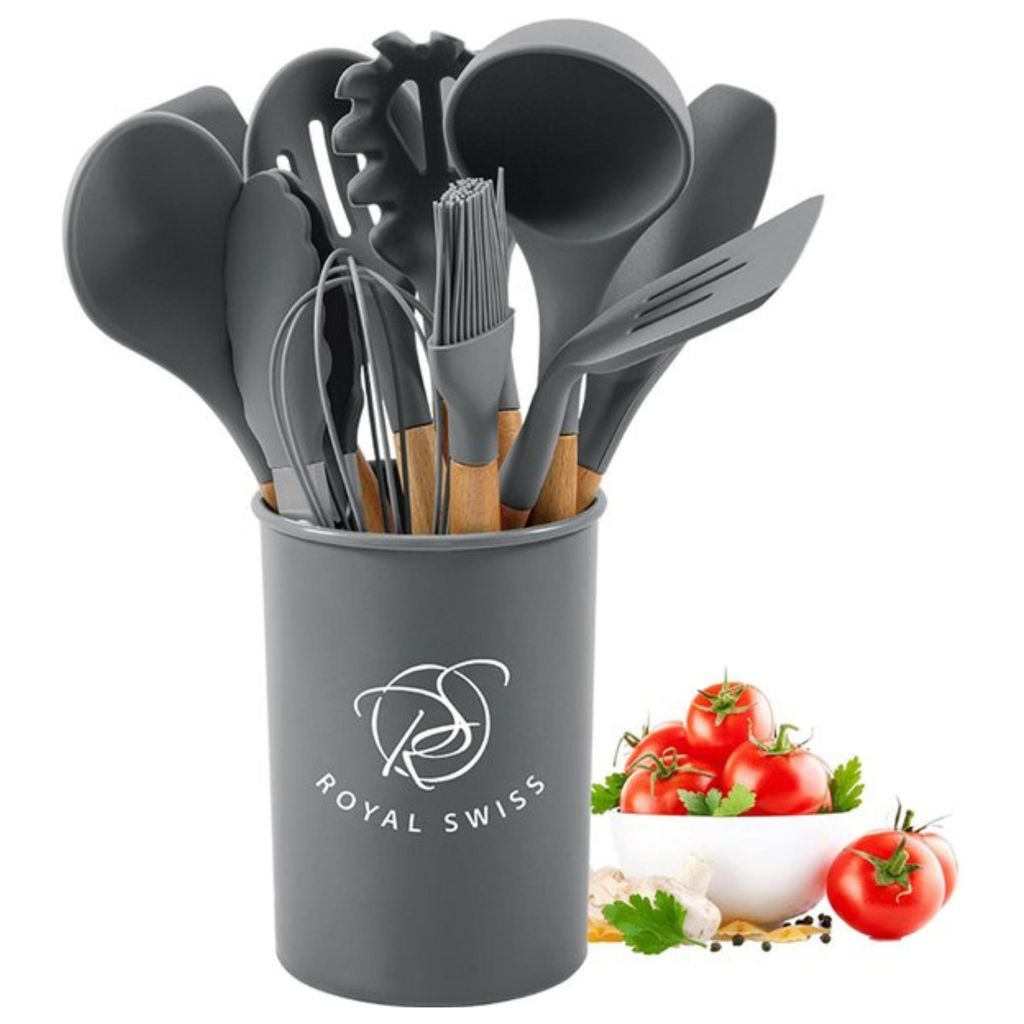 Küchenutensilien Set 12-teilig – Silikon & Edelstahl – Hitzebeständig 210°C – Mit Halter – Royal Swiss