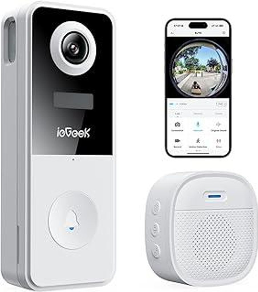 ieGeek Video Türklingel mit Kamera 180° Fisheye, 2K 3MP WLAN-Videotürklingel, AI Bewegungserkennung, IP65 Wasserdicht, Privatsphäre-Einstellung...