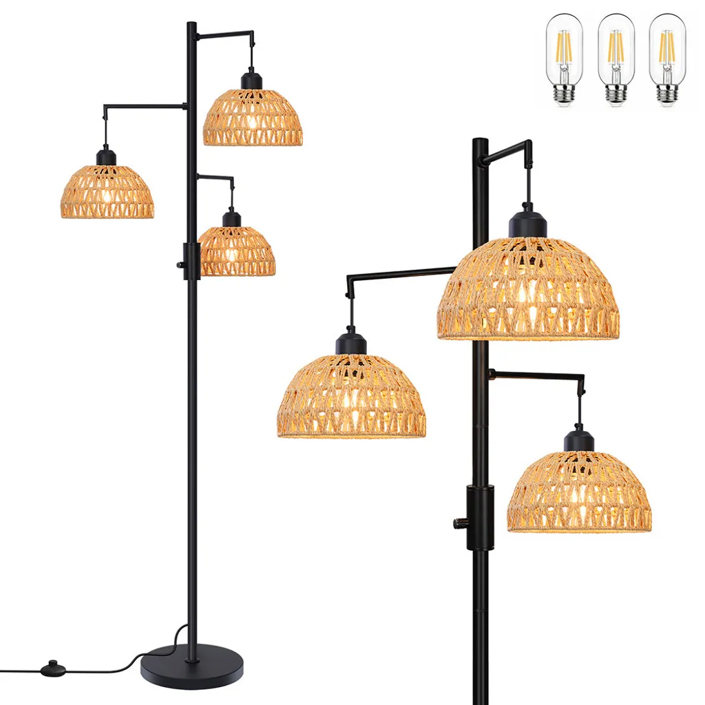 Lampadaire LED 1.8M Anti-Éblouissement Variateur Rotin Noir Design