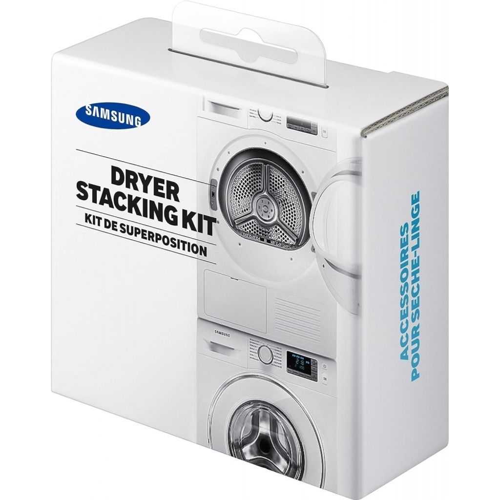 A product box for a Samsung dryer stacking kit, showing illustrations of stacked washing machines.