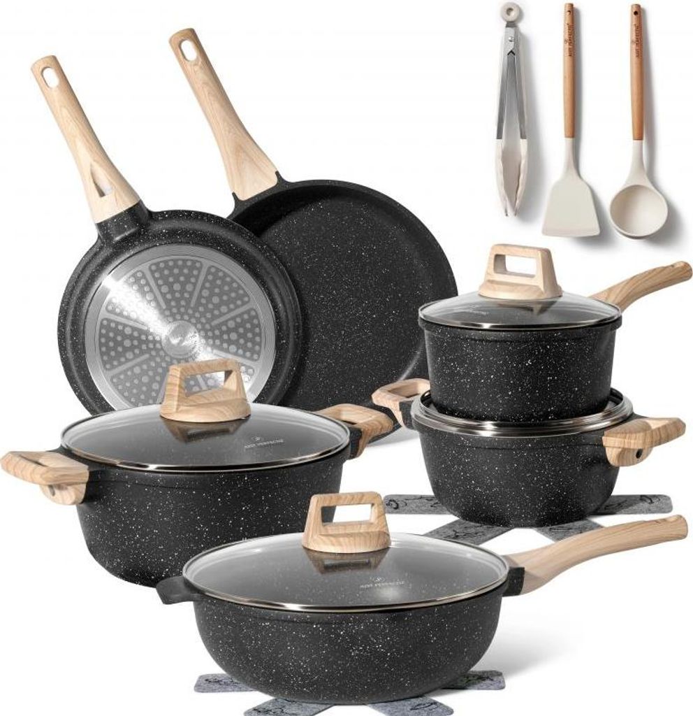Just Perfecto Topf und Pfannenset Induktion mit deckel 15-teiliges - Kochtopfset Aluminium mit Antihaftbeschichtung - Töpfe Set Biege
