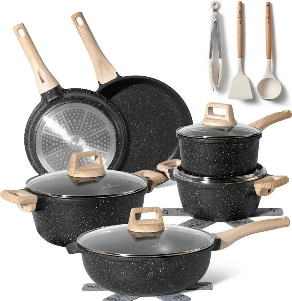 Set di pentole e padelle Just Perfecto JL-789, 15 cm, ghisa, finitura in marmo, induzione, accessori, nero