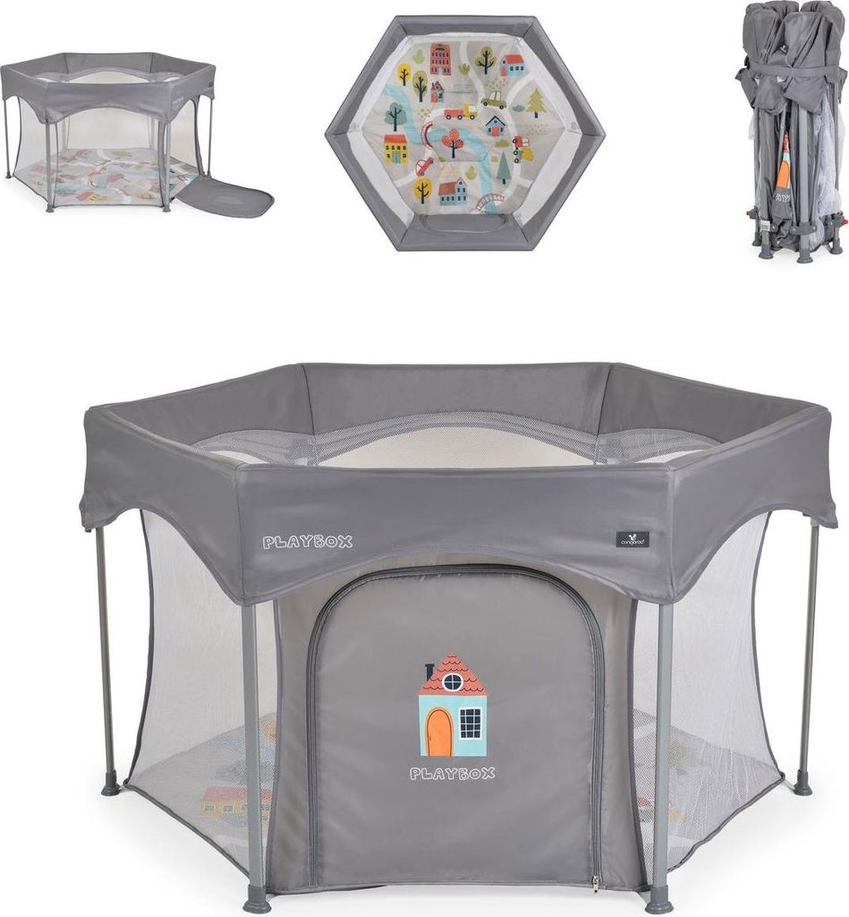 Cangaroo Laufstall Playbox klappbar Matratze Tragetasche Öffnung Reiselaufstall grau