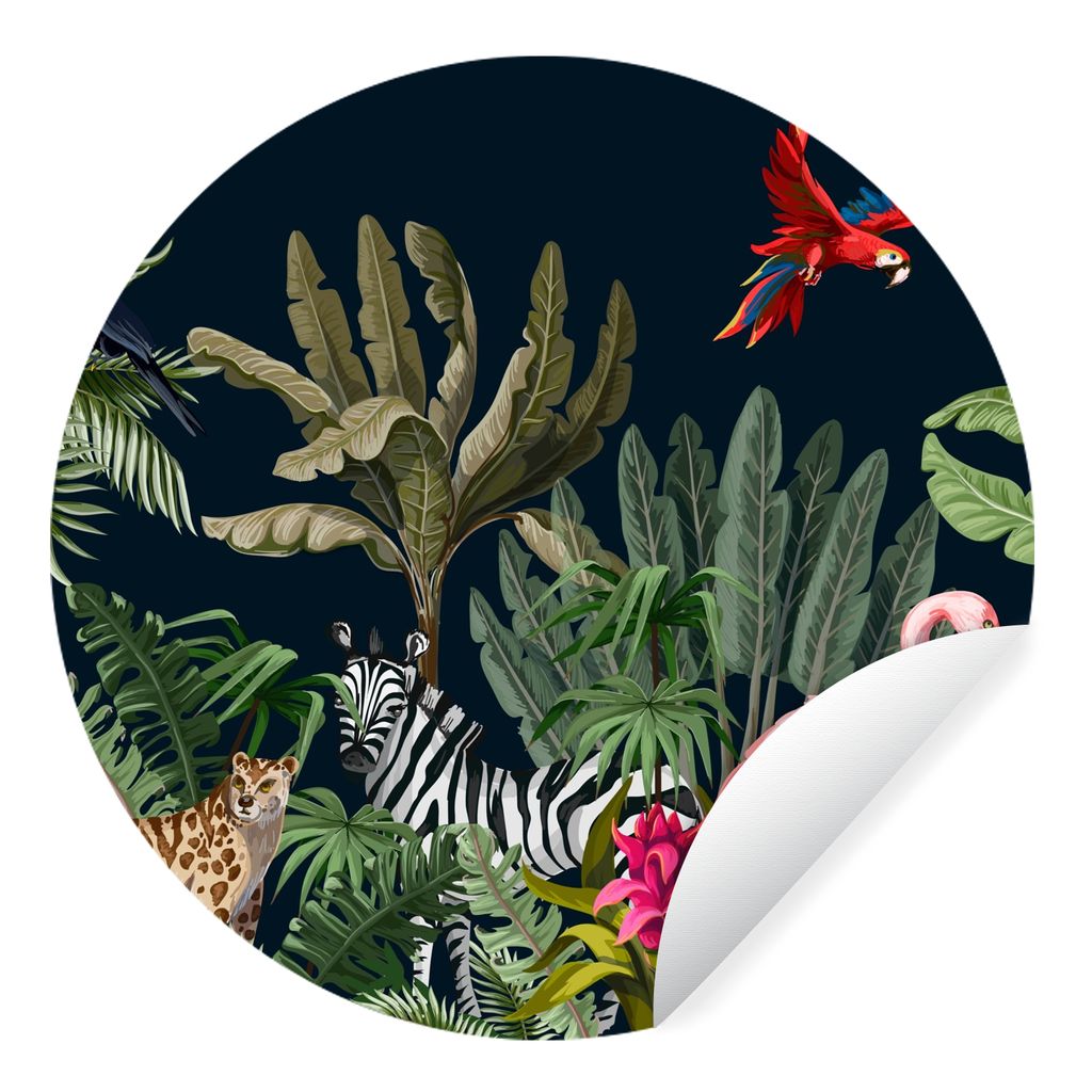 MuchoWow Runde Wandtattoo - Wandsticker Tapete Aufkleber Dschungel - Pflanzen - Tiere - Kinder - Flamingo - Zebra Ø 80 cm Selbstklebend und Repo...