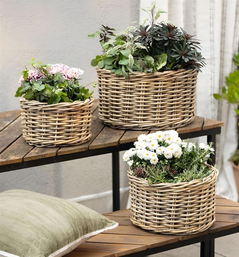 3x Pflanzkorb "Koboo Grey" aus Rattan, Ø 26, 32, 40 cm, Blumentopf, Pflanzkübel, Pflanztopf für Draußen, Blumenkübel
