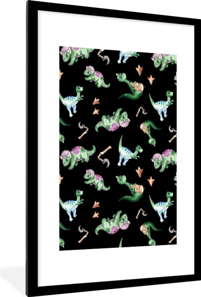 MuchoWow Gerahmtes Poster Dinosaurier - Muster - Kinderzimmer - Jungen - Mädchen - Kinder - Kinder 60x90 cm - Poster mit Schwarzem Bilderrahmen ...