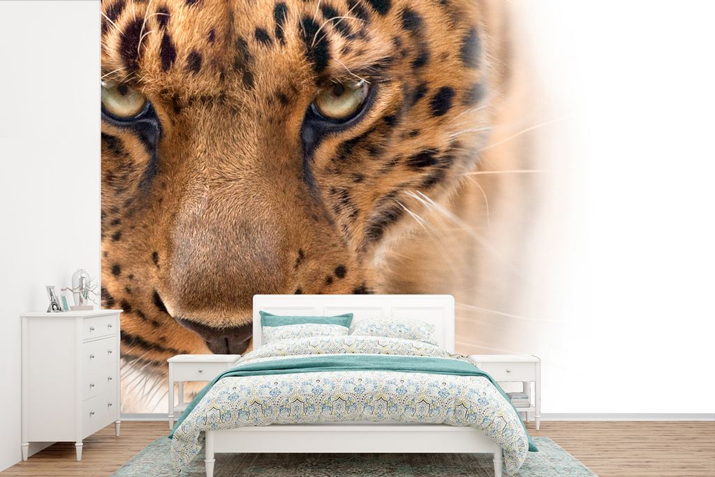 MuchoWow Fototapete für Wohnzimmer oder Schlafzimmer Wandtapete Vinyl Motivtapete Leopard - Pelz - Weiß - 360x240 cm - Vinyl-Tapete