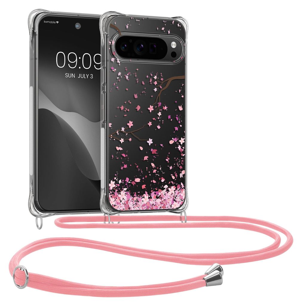 kwmobile Necklace Case kompatibel mit Google Pixel 10 Hülle - Silikon Cover mit Handykette - Rosa Dunkelbraun Transparent Kirschblütenblätter