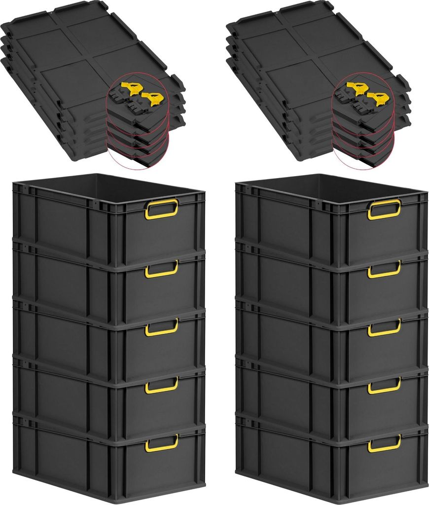 SuperSparSet 10x Eurobox NextGen Color mit Scharnierdeckel und Schiebeschnappverschlüssen | HxBxT 22x40x60cm | 44 Liter | Schwarz | Griffe gelb ge...