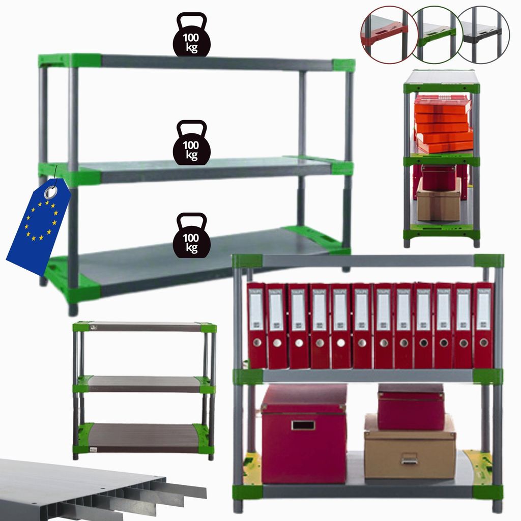 MODO24 Kunststoffregal, 3 Ablagen, 100kg/Boden, Schwerlast, Steckregal, Lagerregal, Plastikregal, Werkstatt, 98x150x46?cm, Grün, TYTAN