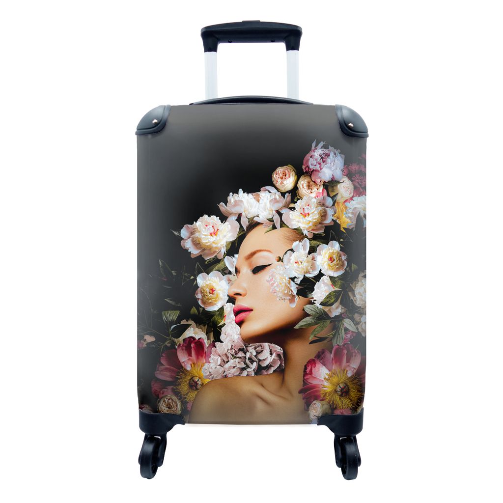 MuchoWow Koffer Handgepäck Trolley Rollkoffer Kleine Reisekoffer mit 4 Rollen - Frauen - Blumen - Rosen - Porträt - Cabin Size < 55x40x23 cm & ...