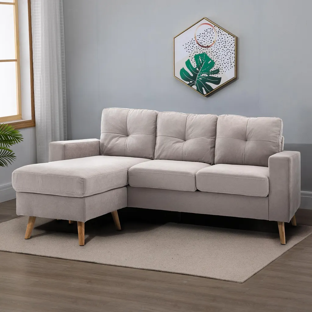 Canapé réversible 193 cm en lin gris clair avec pieds en bois massif