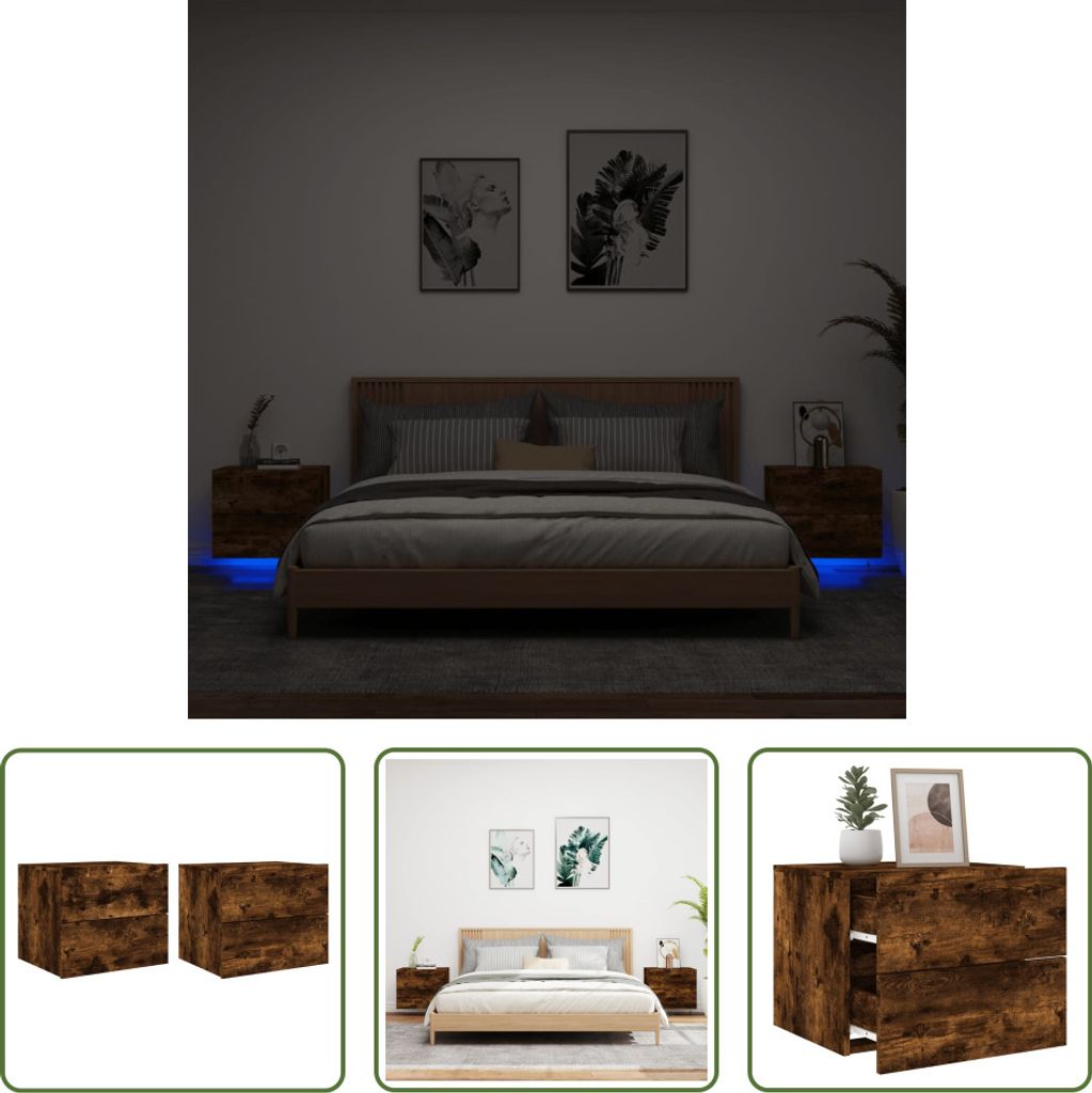 The Living Store Wand-Nachttische mit LED-Leuchten 2 Stk. Räuchereiche
