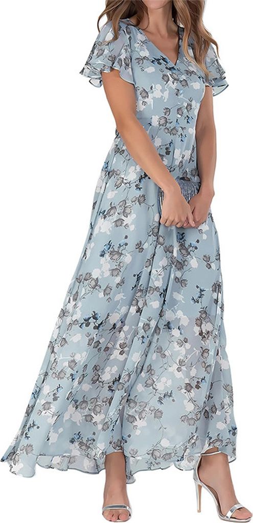 ASKSA Damen Sommerkleid Blumendruck Lang Ruesche Kurzarm V Ausschnitt Strandkleider Boho Beach Midikleid Freizeitkleid (Blau,L)