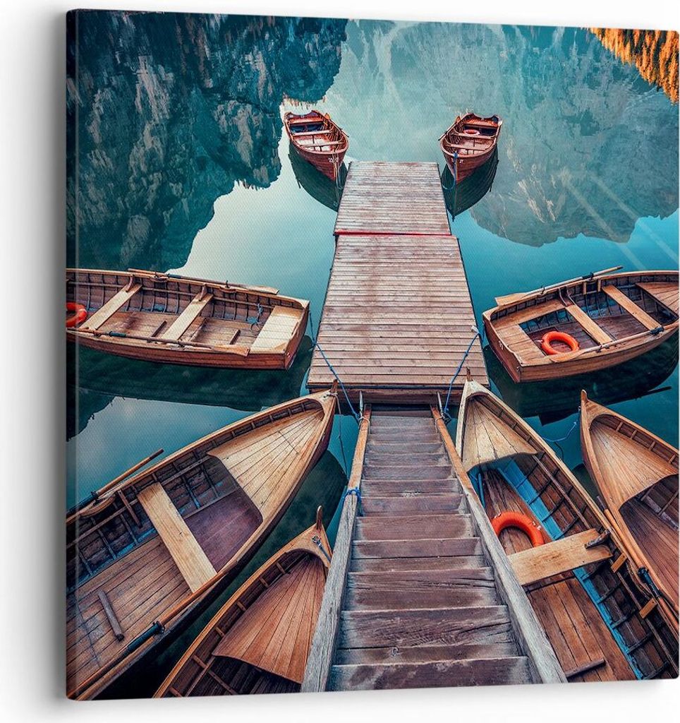 Bild auf Leinwand - Leinwandbild - Berge Boot Wasser - 40x40cm - Wand Bild - Wanddeko - Wandbilder - Leinwanddruck - Bilder - Kunstdruck - Wanddeko...