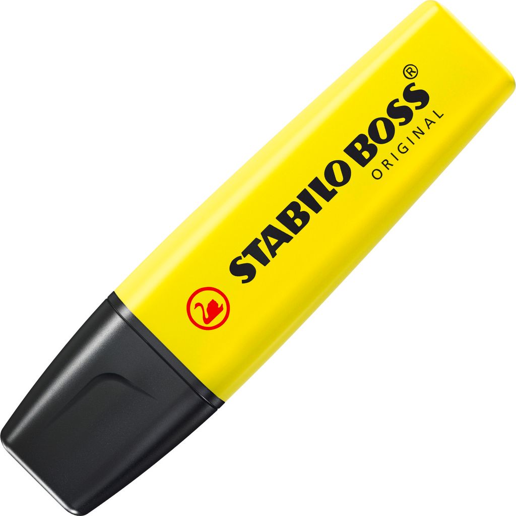 A yellow STABILO BOSS ORIGINAL highlighter with a black cap, shown at an angle against a white background.