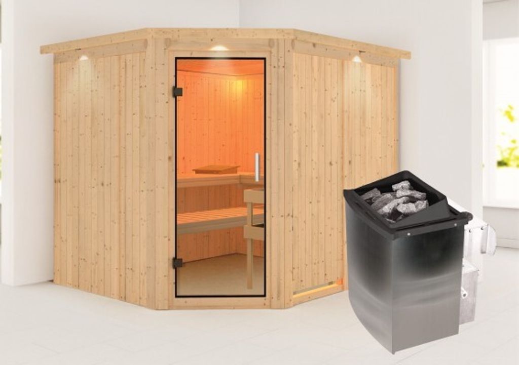 Karibu Sauna Innensauna Malin Eckeinstieg Ofen 9 kW integr. Strg 245x210x202 cm mit Dachkranz mit Klarglastür
