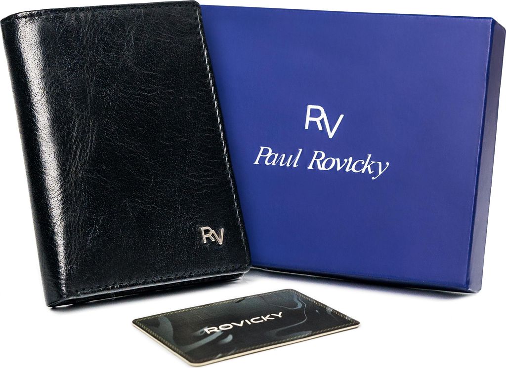 Rovicky | Vertikale Brieftasche, Große, für Männer, ohne Verschluss, aus glänzendem, echtem Leder, Schwarz, 9.5x12.5 cm
