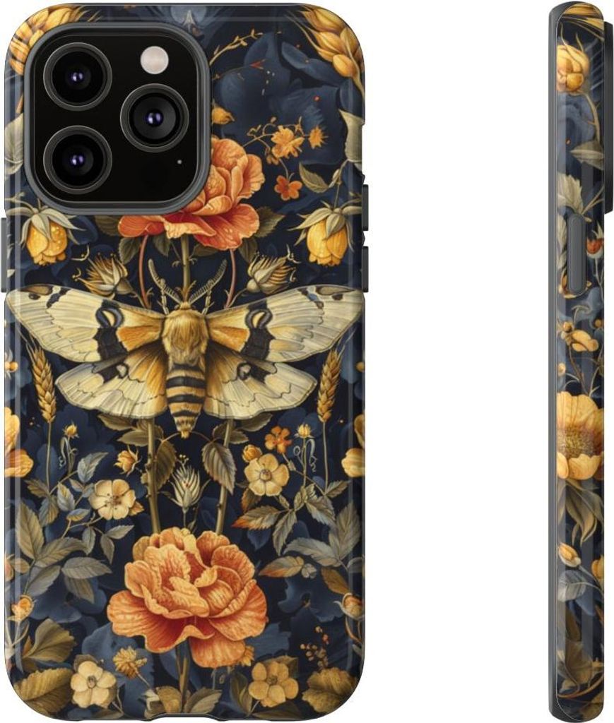Goldene Blumen und Nachtfalter auf Dunkelblau – Hülle Kompatibel mit iPhone 14 Pro Max