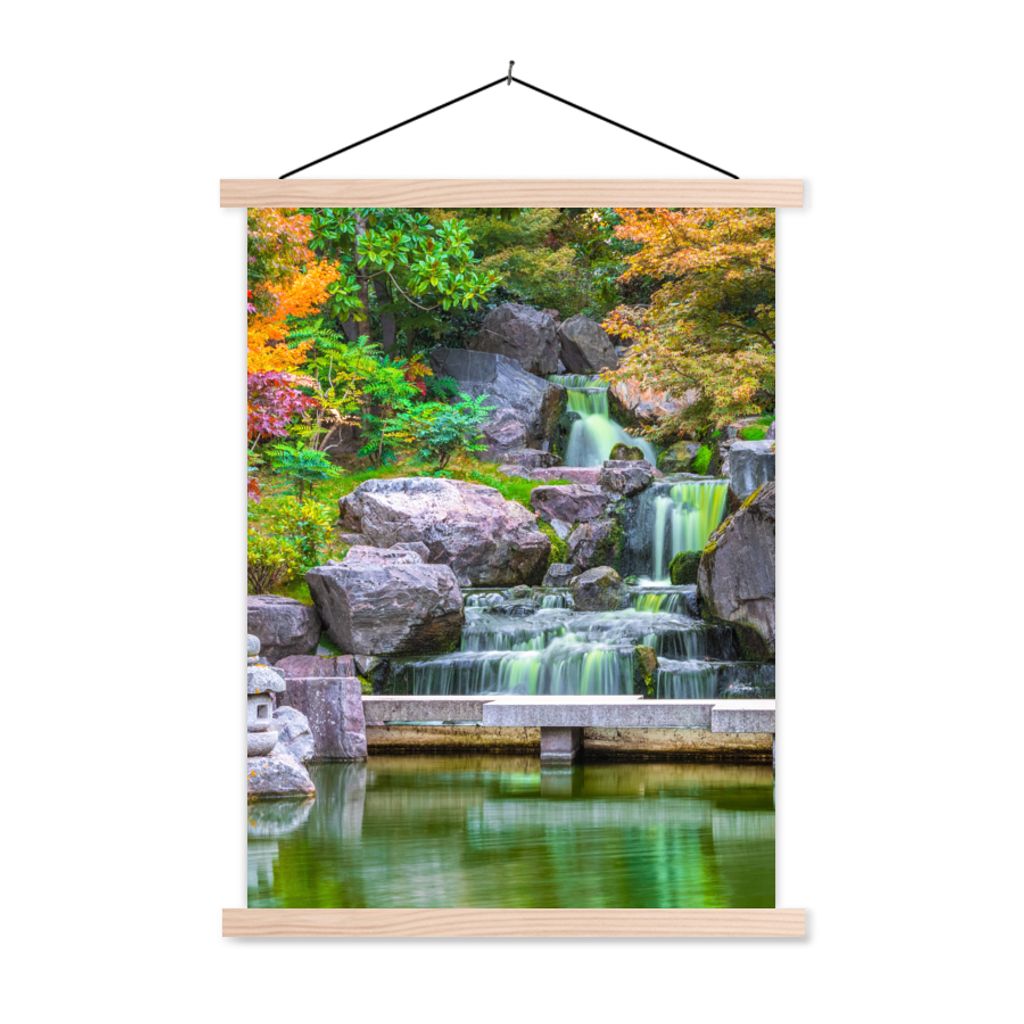 MuchoWow Textilposter Steine - Wasser - Bäume - Japanisch - Botanisch 120x160 cm mit holzfarbenen Rahmen - Plakatkarton