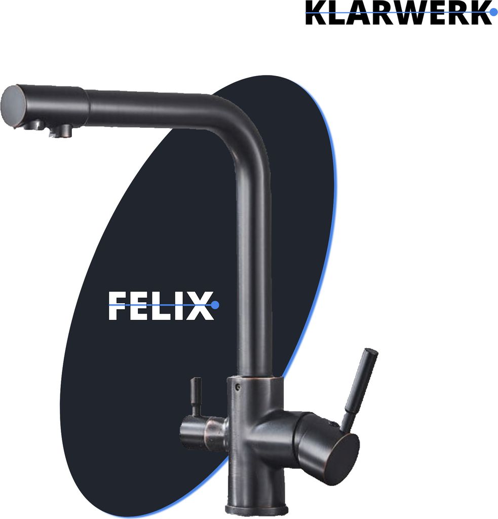 Felix | 3 Wege Premium Schwarz matt Trinkwasser Armatur | Edelstahl Osmose Wasserhahn Küche |Mischbatterie - 360 Grad | Filter 3 Anschlüsse