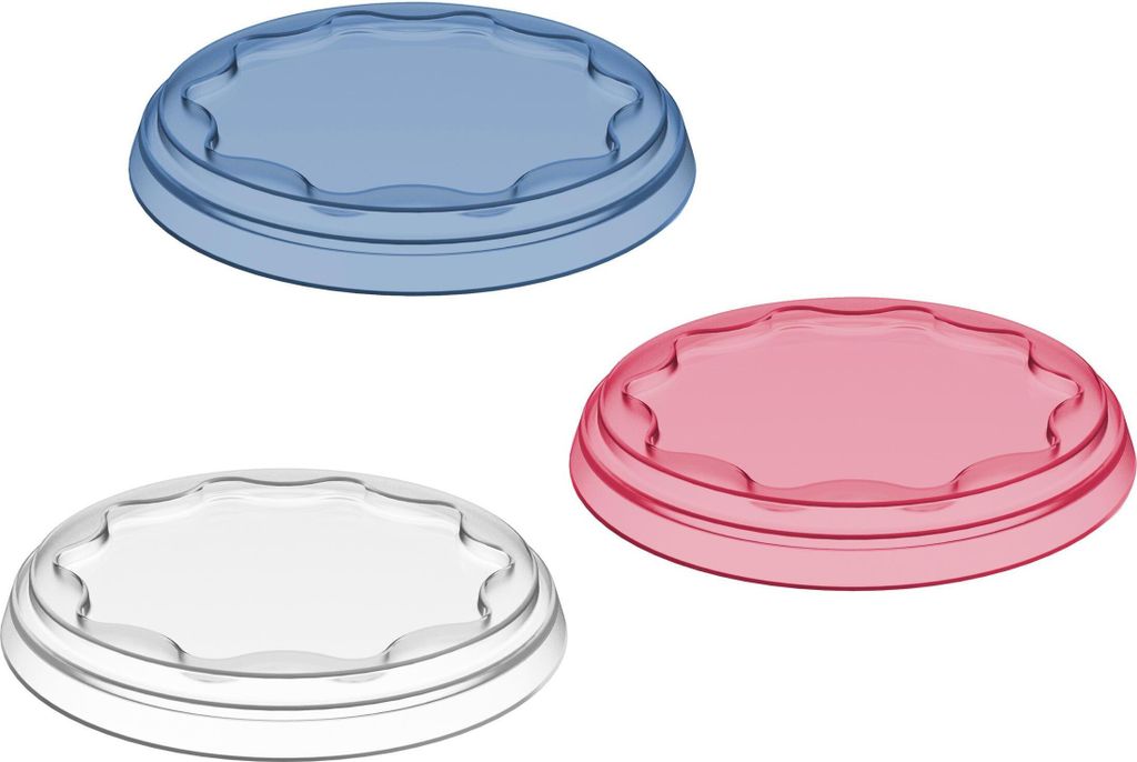Three translucent plastic lids in blue, pink, and clear, arranged in a diagonal line against a white background.